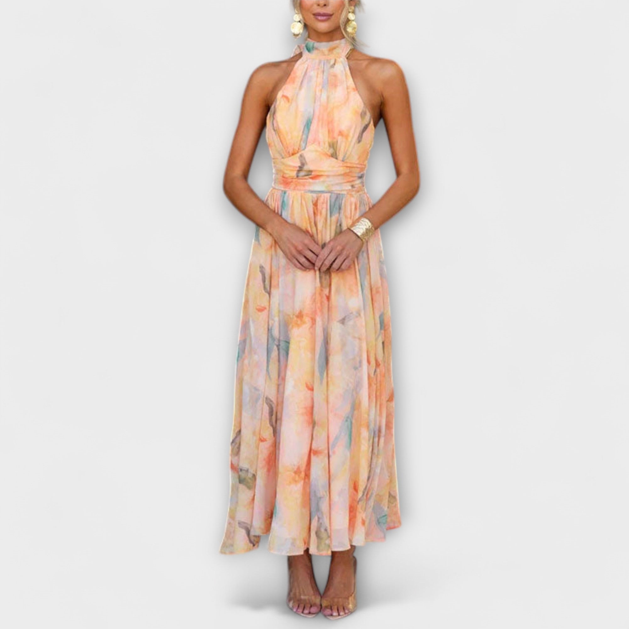 Sari Women’s Halter Maxi Dress – Open Back Floral Print Lightweight Summer Fit