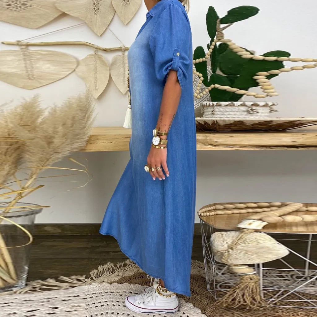 Lhea Women’s Denim Maxi Dress – Loose Fit Short Sleeve Side Split Casual Chic