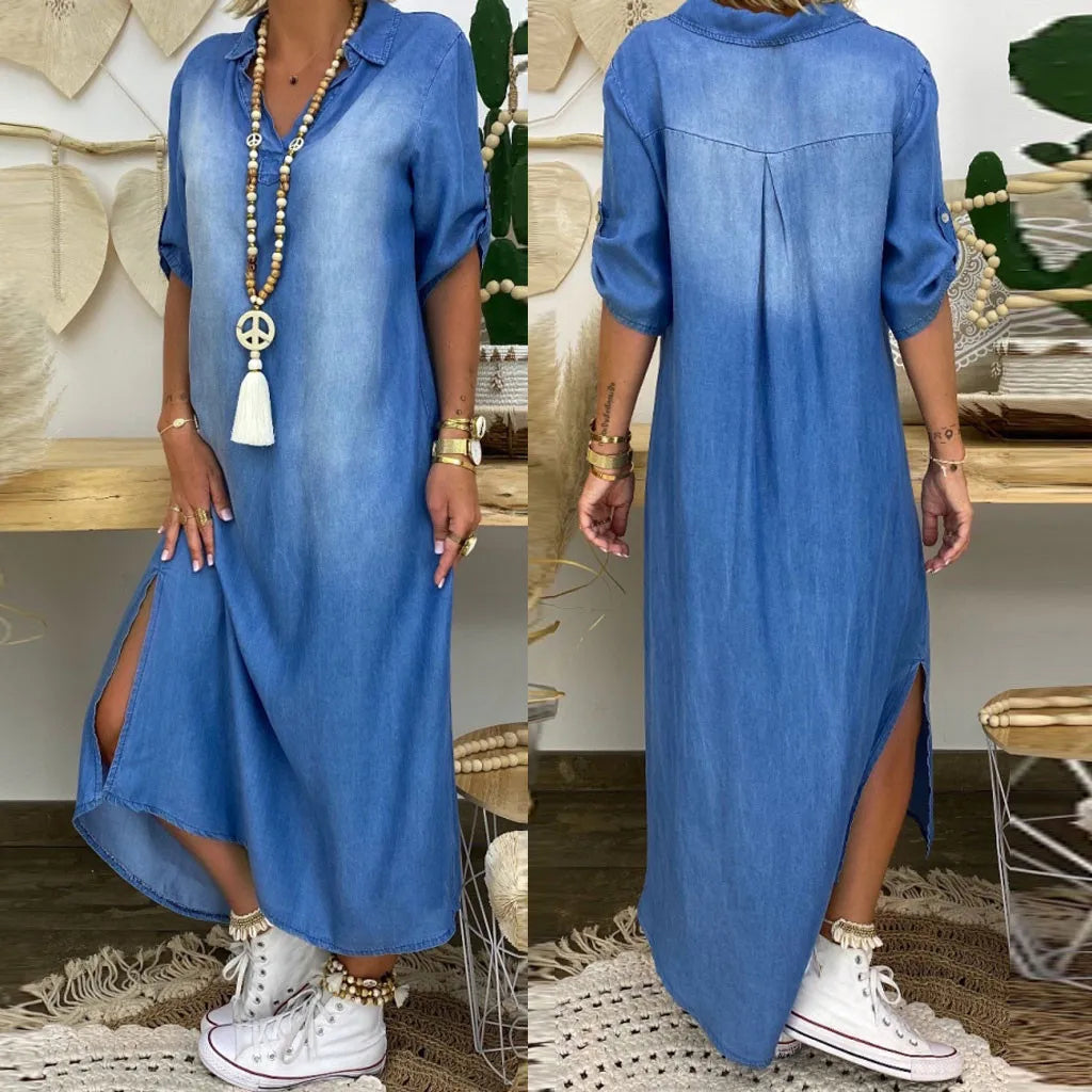 Lhea Women’s Denim Maxi Dress – Loose Fit Short Sleeve Side Split Casual Chic