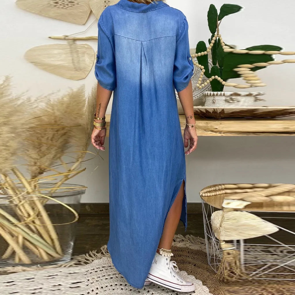 Lhea Women’s Denim Maxi Dress – Loose Fit Short Sleeve Side Split Casual Chic