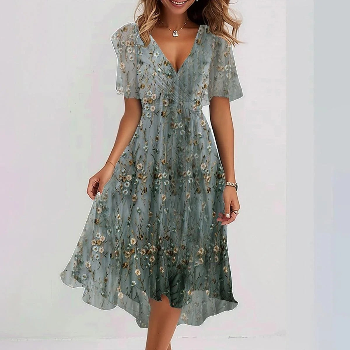 Sonia Women’s Midi Dress – Floral V-Neck Lightweight Flowy Elegant Summer Fit