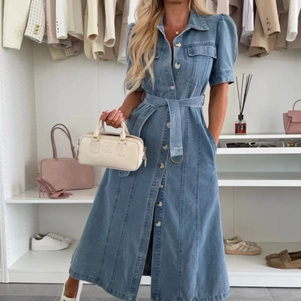 Anna Women’s Denim Dress – Button Down Midi Dress with Relaxed Fit & Breathable Fabric