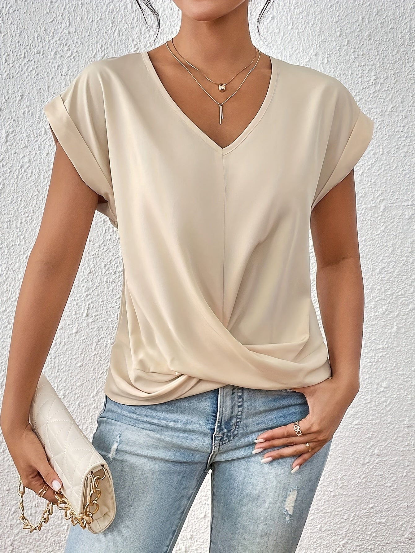 Yasmine Women’s Top – V-Neck Knot Front Soft Lightweight Elegant Casual Fit