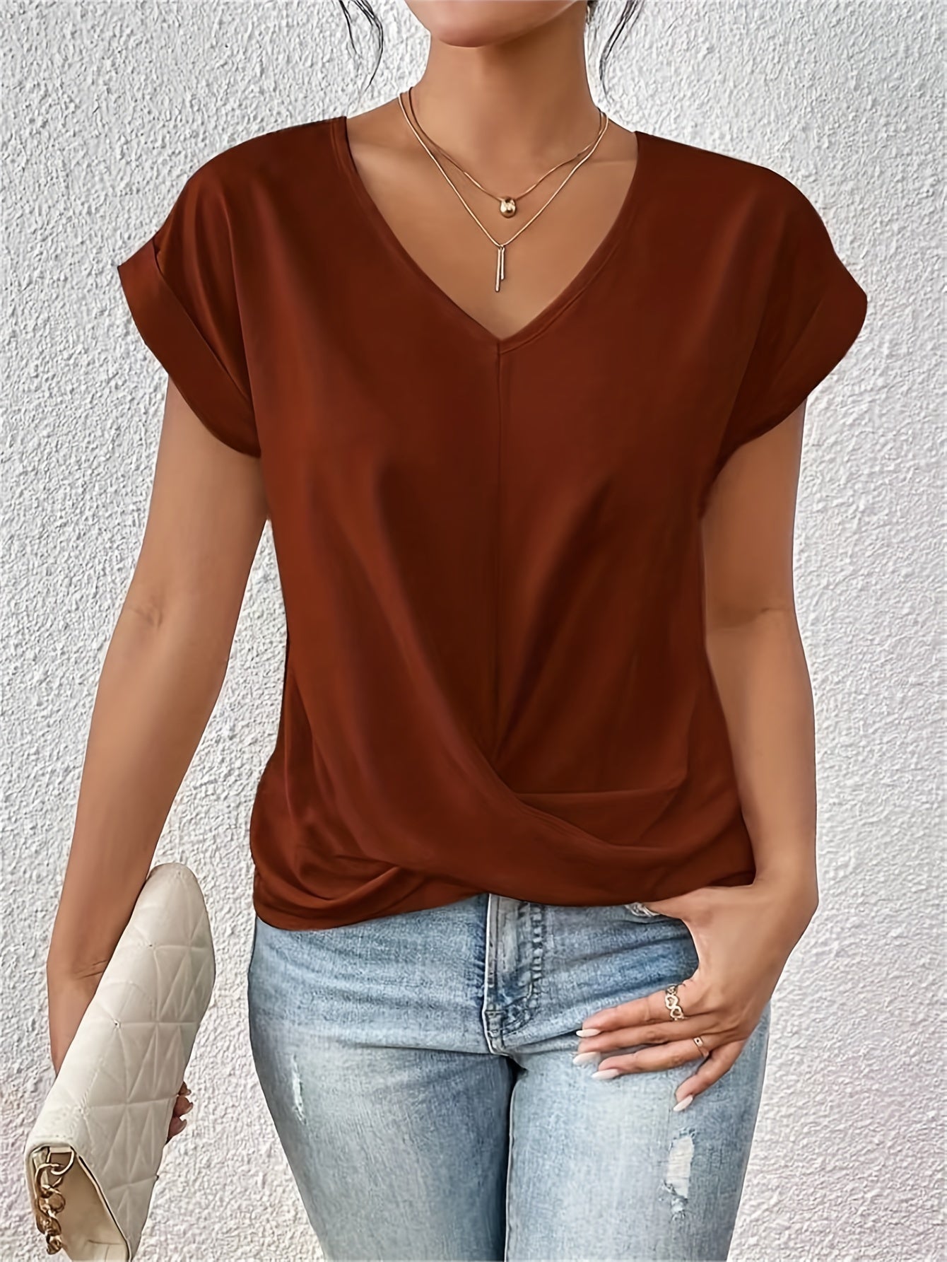 Yasmine Women’s Top – V-Neck Knot Front Soft Lightweight Elegant Casual Fit