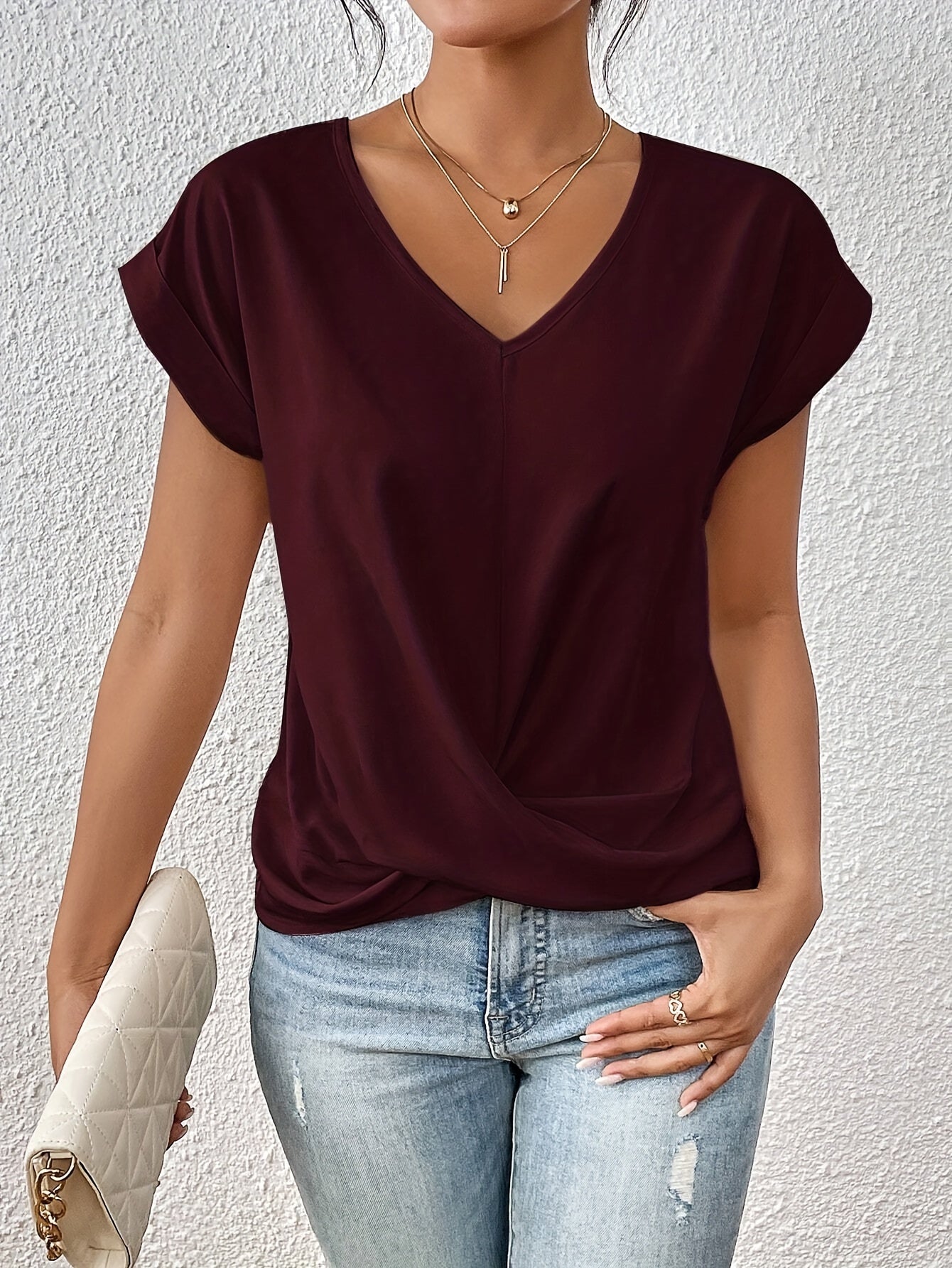 Yasmine Women’s Top – V-Neck Knot Front Soft Lightweight Elegant Casual Fit