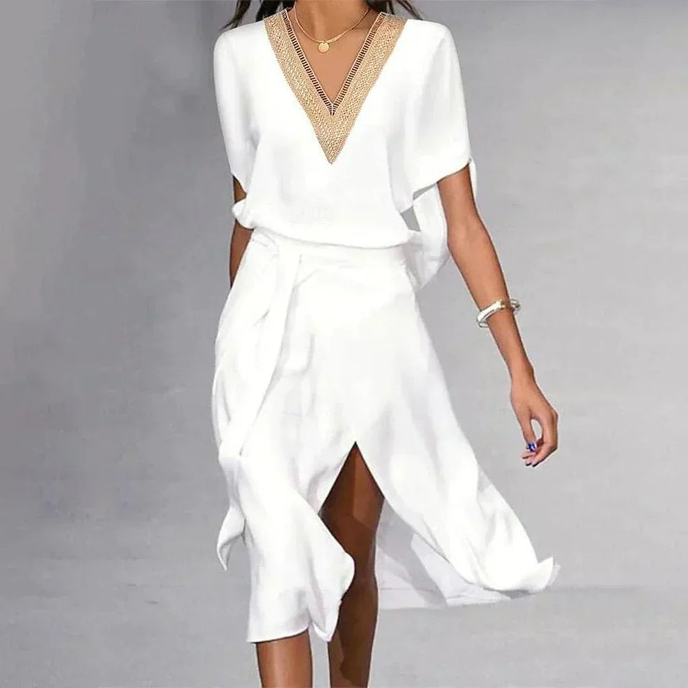 Isabella Women’s Midi Dress – White V-Neck Minimalist Elegant Lightweight Fit
