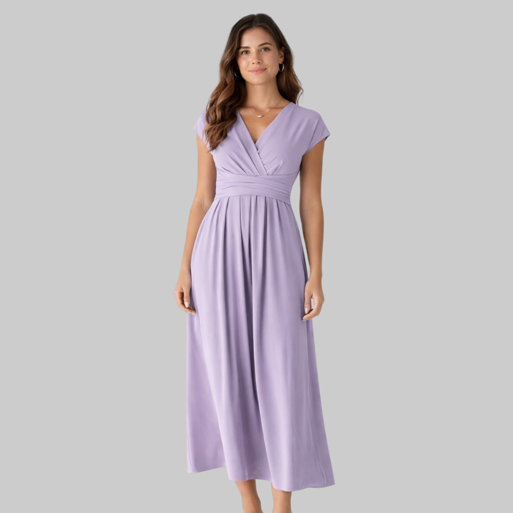Leona Women’s Midi Dress – V-Neck Short Sleeve Lightweight with Tie Back & Pockets