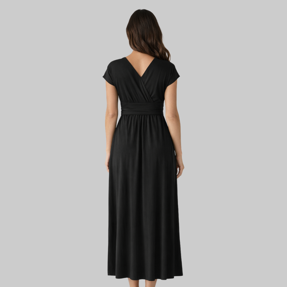 Leona Women’s Midi Dress – V-Neck Short Sleeve Lightweight with Tie Back & Pockets