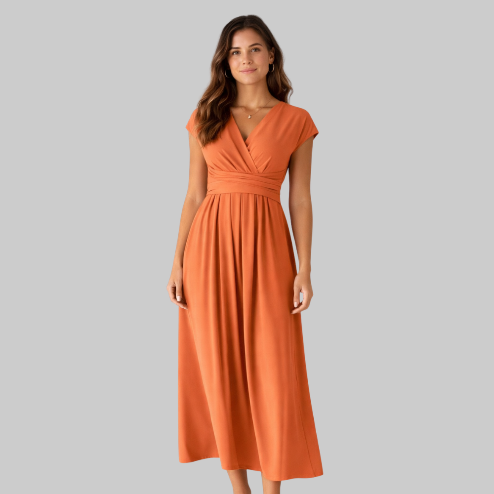 Leona Women’s Midi Dress – V-Neck Short Sleeve Lightweight with Tie Back & Pockets