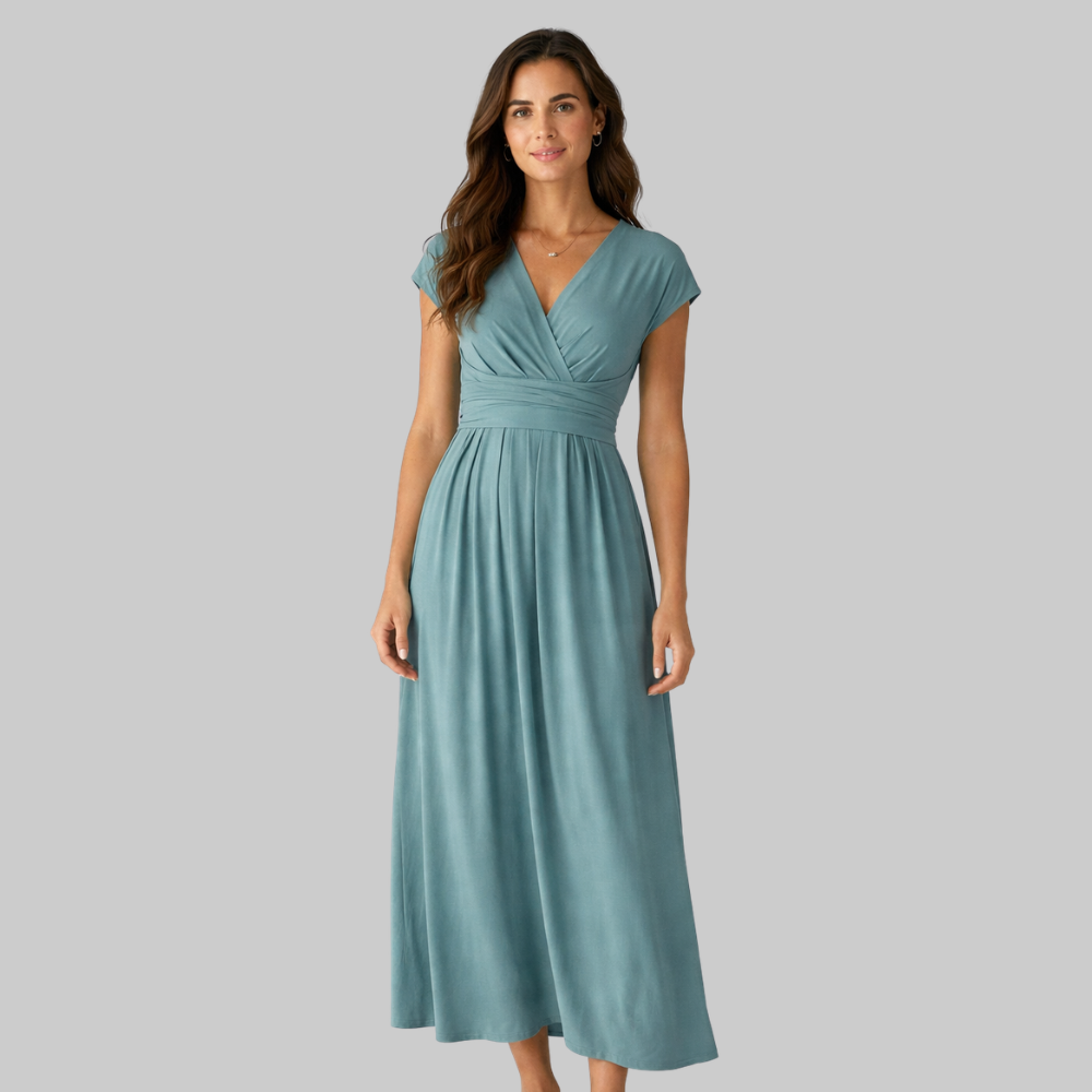 Leona Women’s Midi Dress – V-Neck Short Sleeve Lightweight with Tie Back & Pockets