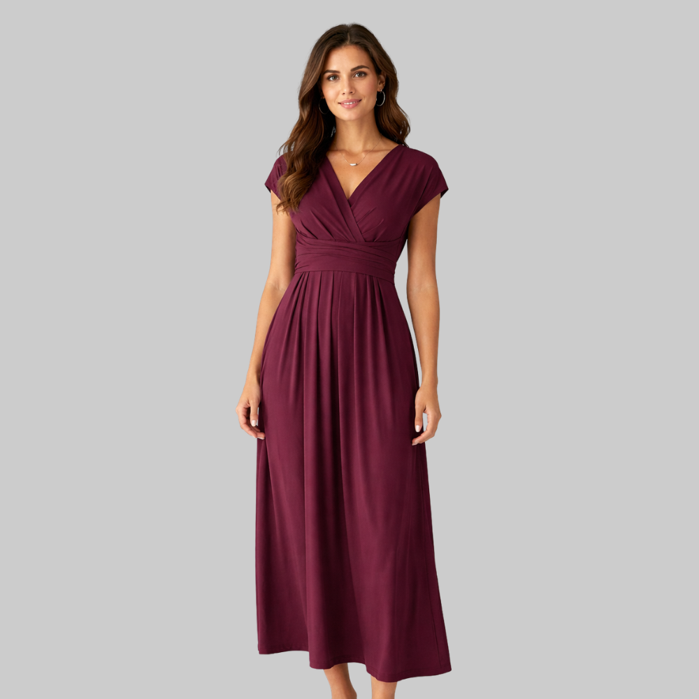 Leona Women’s Midi Dress – V-Neck Short Sleeve Lightweight with Tie Back & Pockets