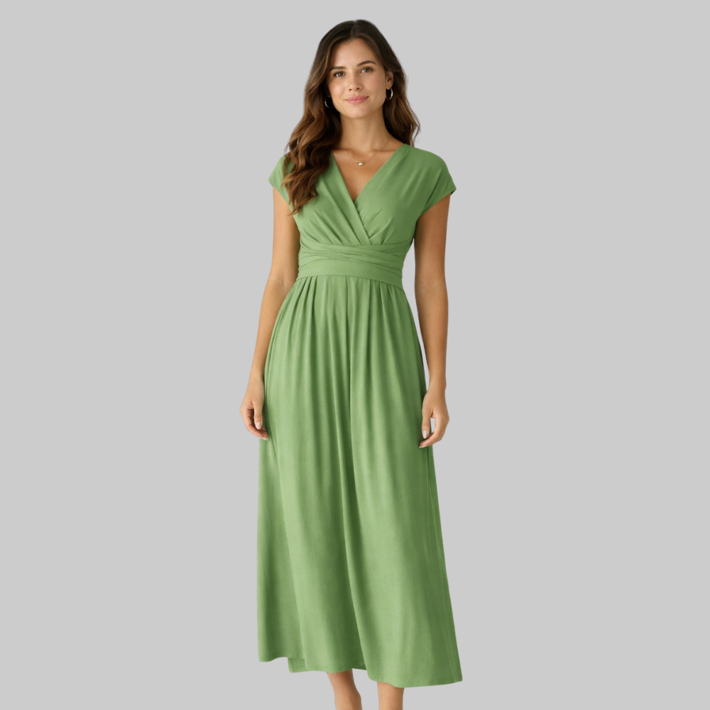 Leona Women’s Midi Dress – V-Neck Short Sleeve Lightweight with Tie Back & Pockets