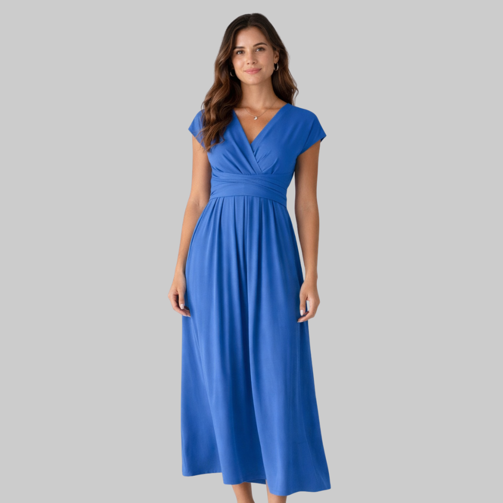 Leona Women’s Midi Dress – V-Neck Short Sleeve Lightweight with Tie Back & Pockets