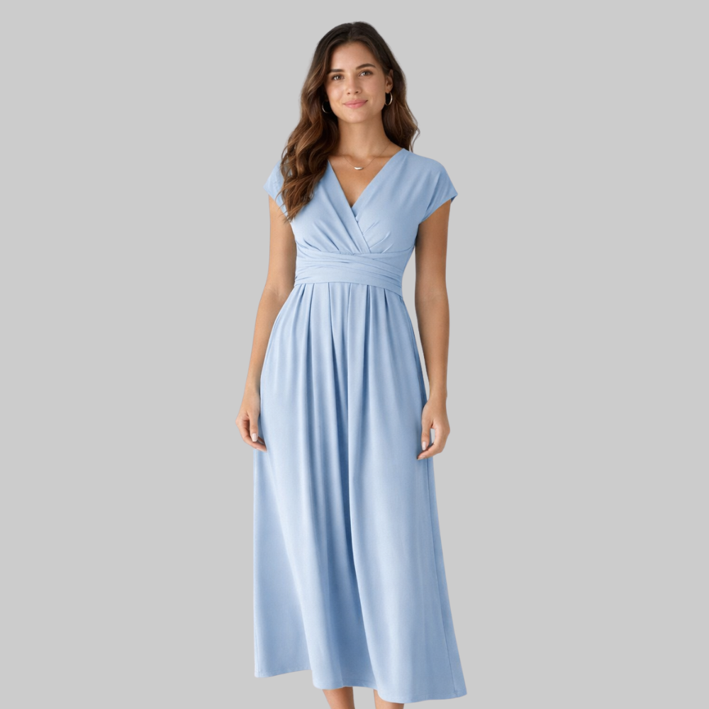 Leona Women’s Midi Dress – V-Neck Short Sleeve Lightweight with Tie Back & Pockets