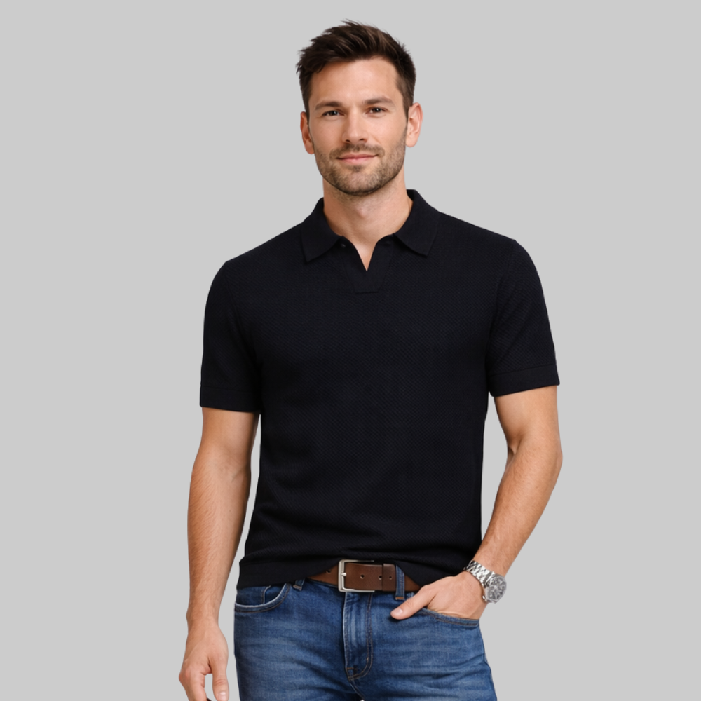Oliver Men’s Polo Shirt – Textured Knit Open Collar Smart Casual Short Sleeve Fit