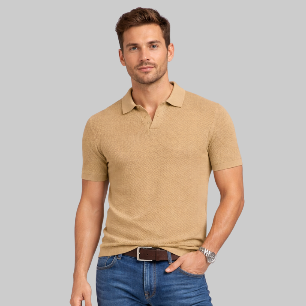 Oliver Men’s Polo Shirt – Textured Knit Open Collar Smart Casual Short Sleeve Fit