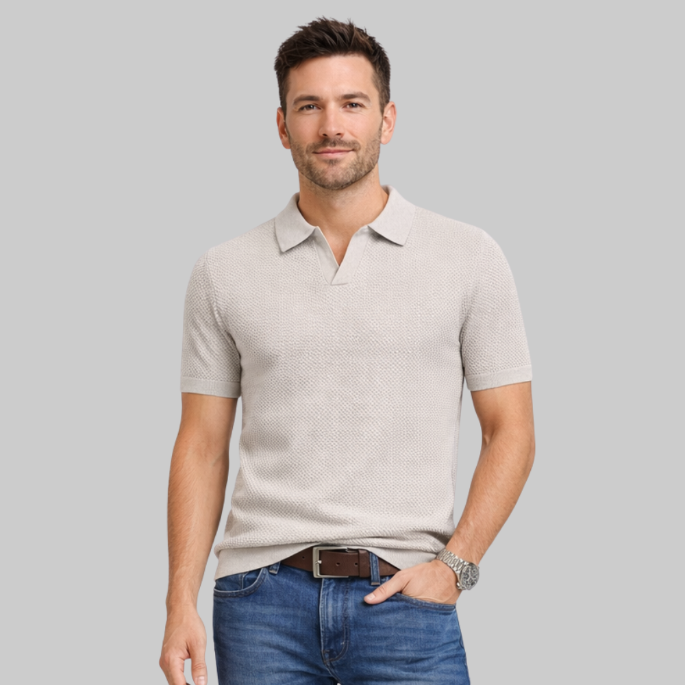 Oliver Men’s Polo Shirt – Textured Knit Open Collar Smart Casual Short Sleeve Fit