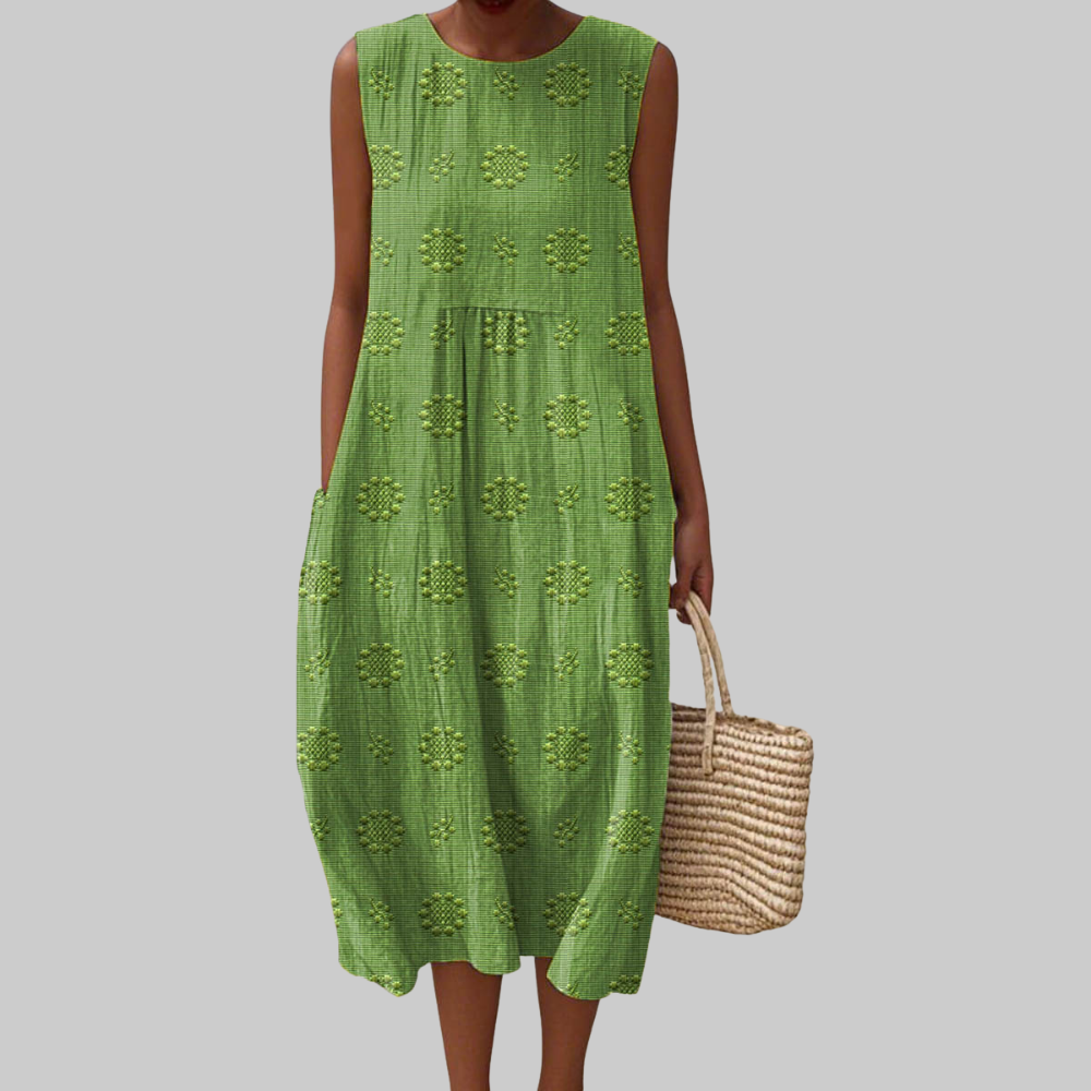Trisha Women’s Cotton Midi Dress – Sleeveless Floral Embroidered Casual Fit