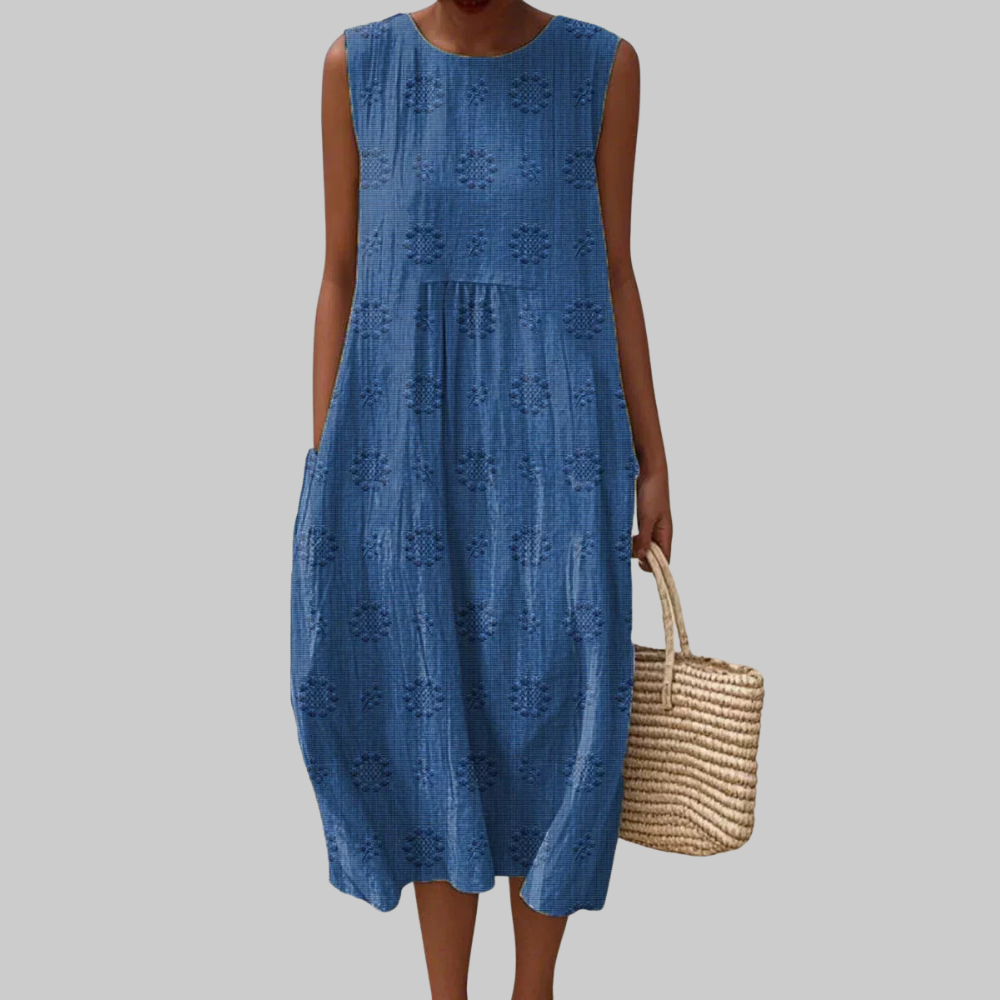 Trisha Women’s Cotton Midi Dress – Sleeveless Floral Embroidered Casual Fit