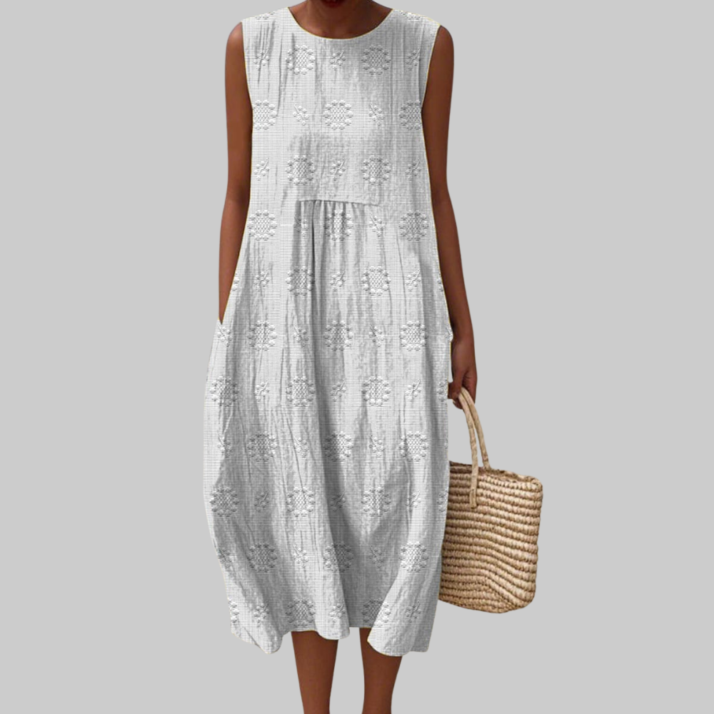 Trisha Women’s Cotton Midi Dress – Sleeveless Floral Embroidered Casual Fit