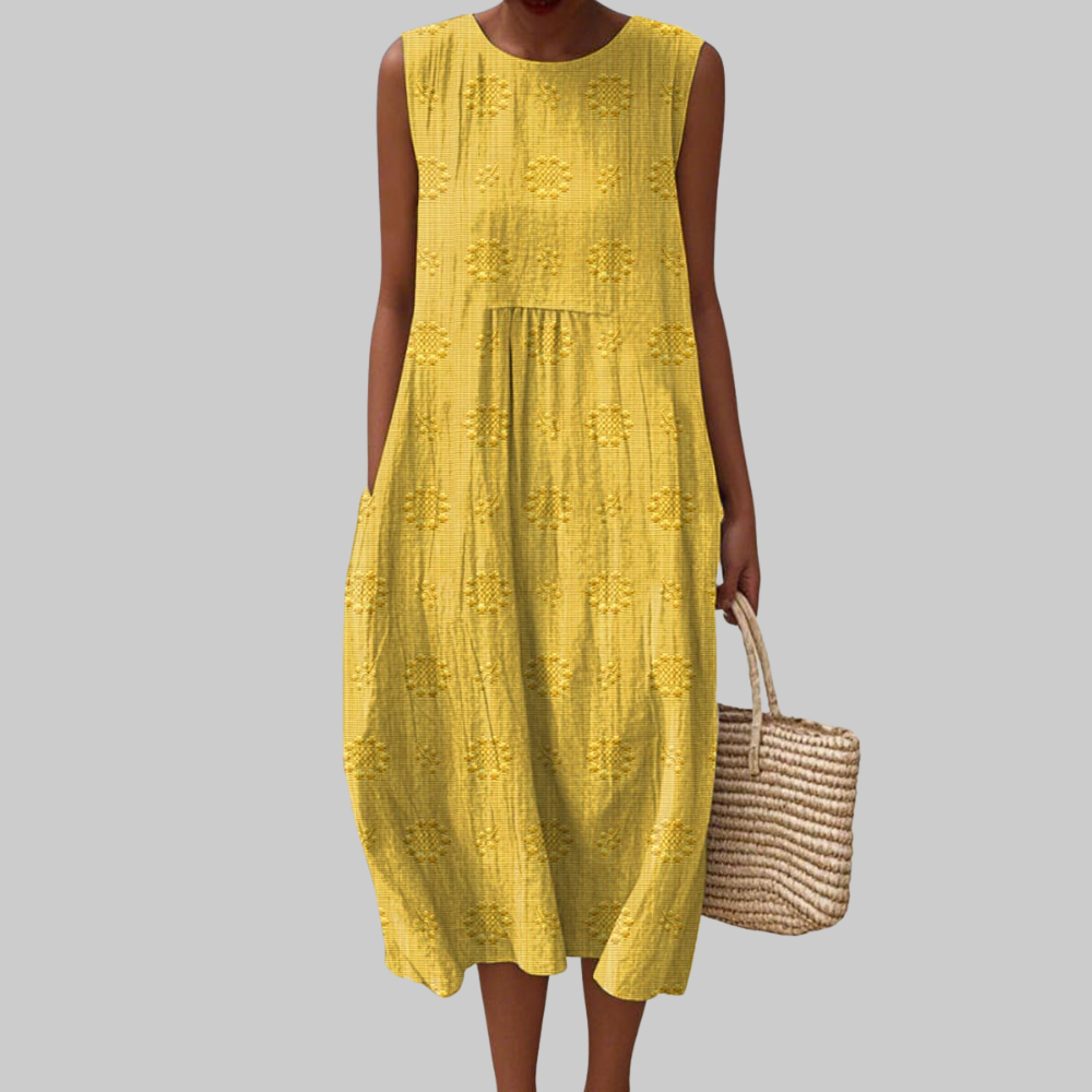 Trisha Women’s Cotton Midi Dress – Sleeveless Floral Embroidered Casual Fit