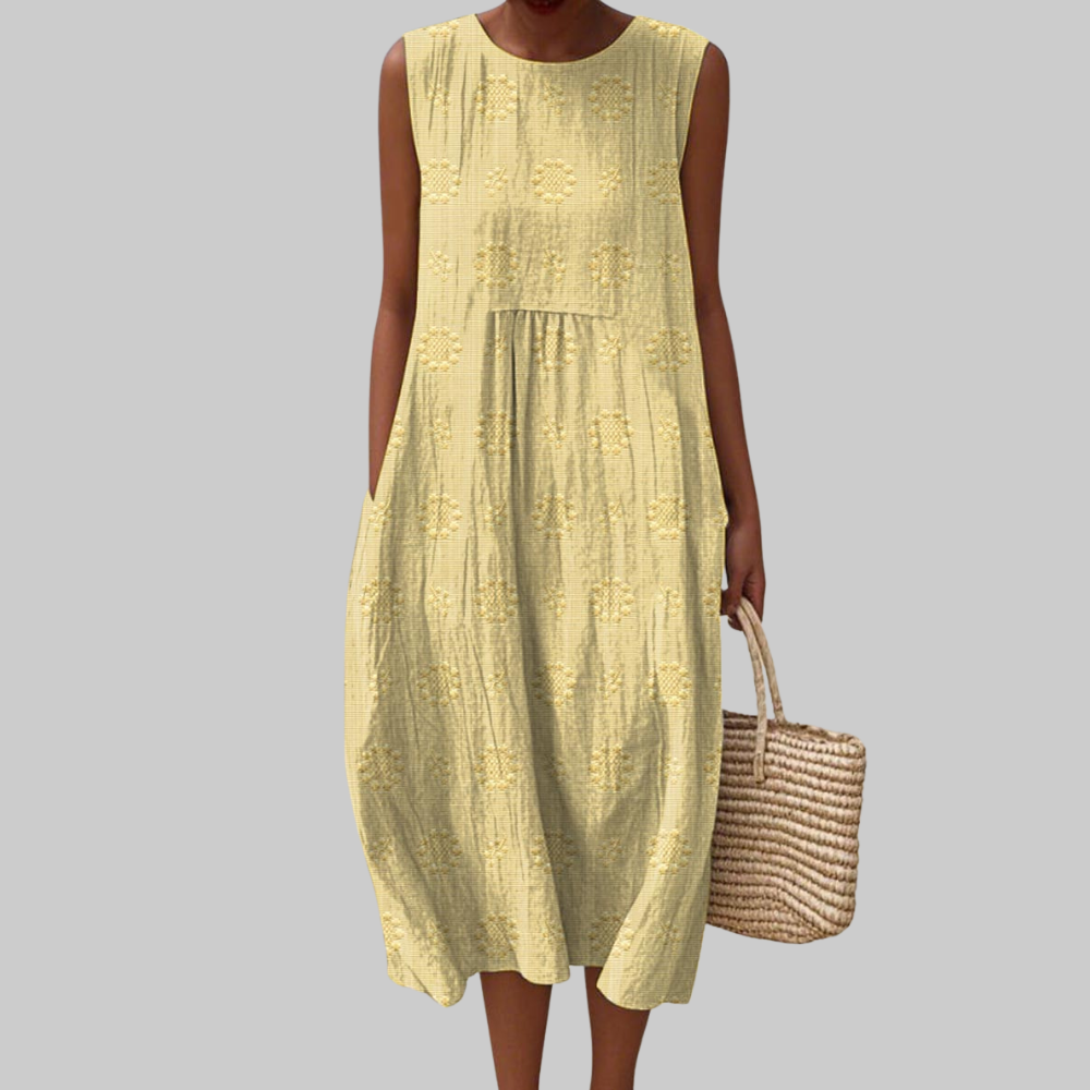 Trisha Women’s Cotton Midi Dress – Sleeveless Floral Embroidered Casual Fit