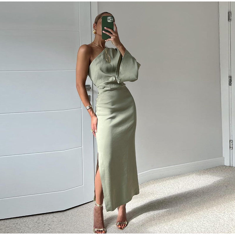 Patrice Women’s Satin Dress – One Shoulder Asymmetric Gown with High Slit Elegant Fit