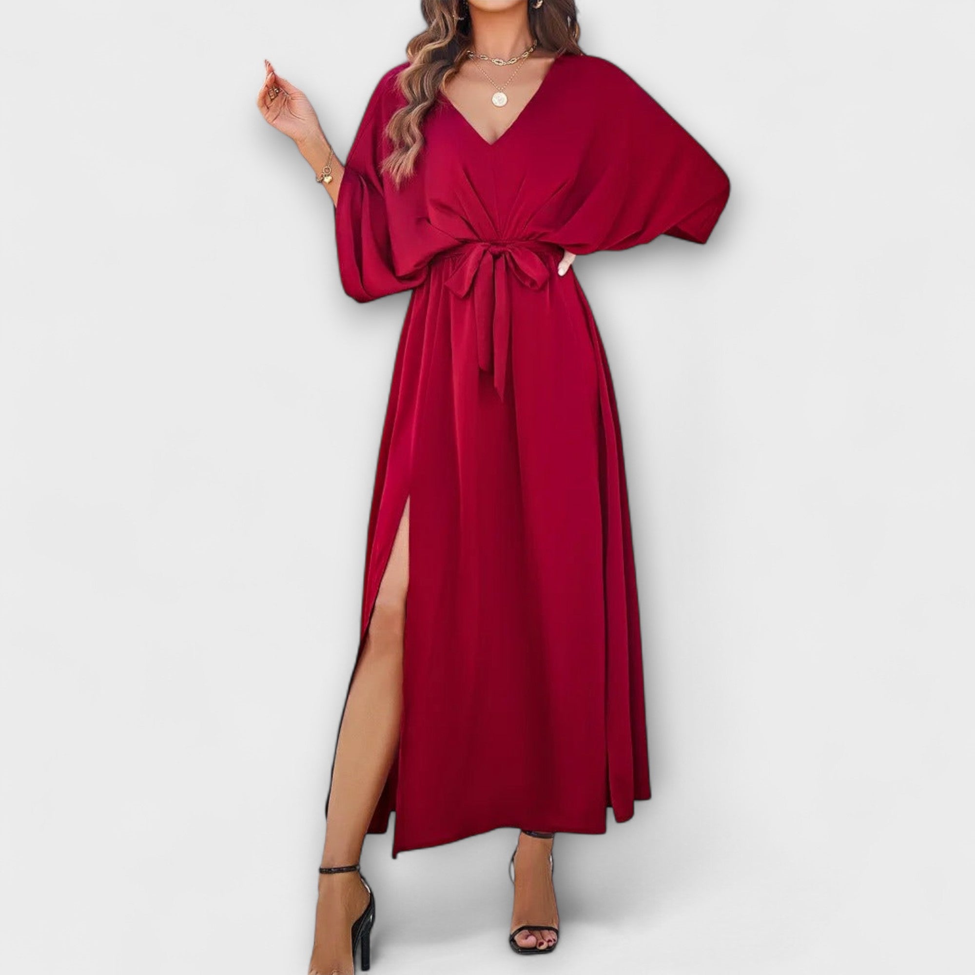 Sabrina Women’s Maxi Dress – V-Neck Belted Flowing Elegant Evening Party Fit