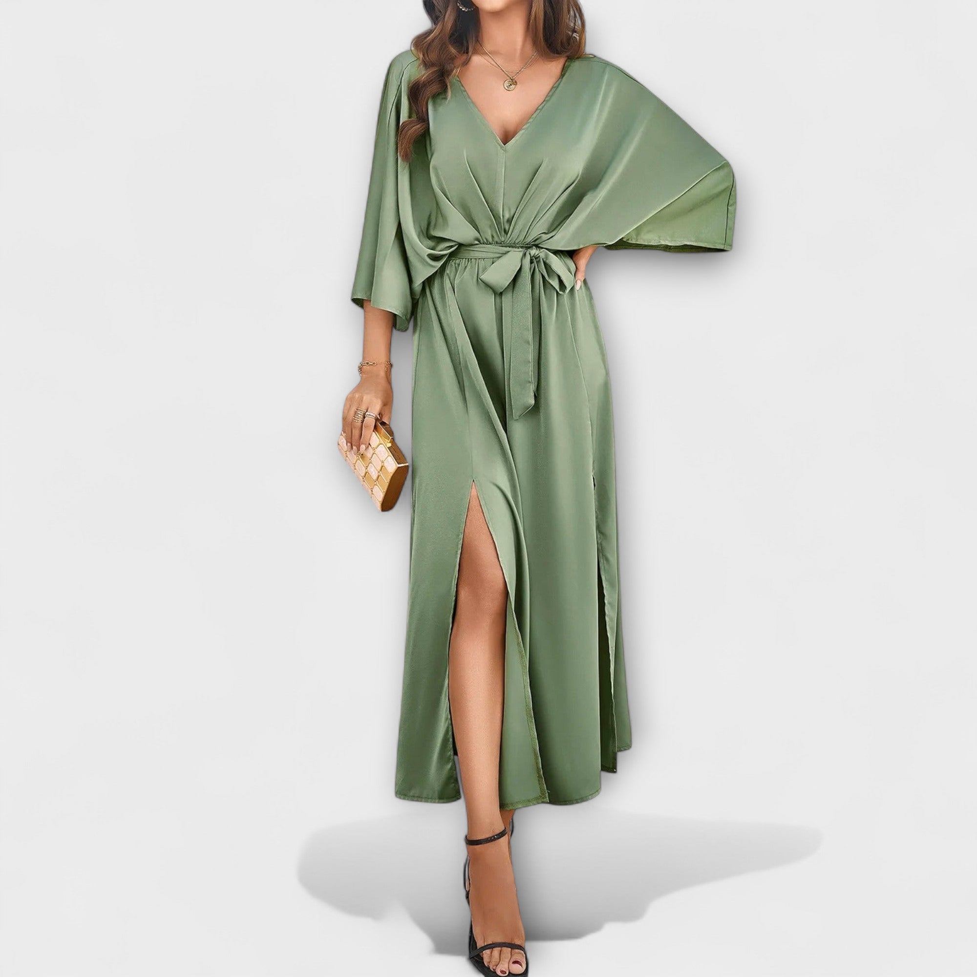 Sabrina Women’s Maxi Dress – V-Neck Belted Flowing Elegant Evening Party Fit