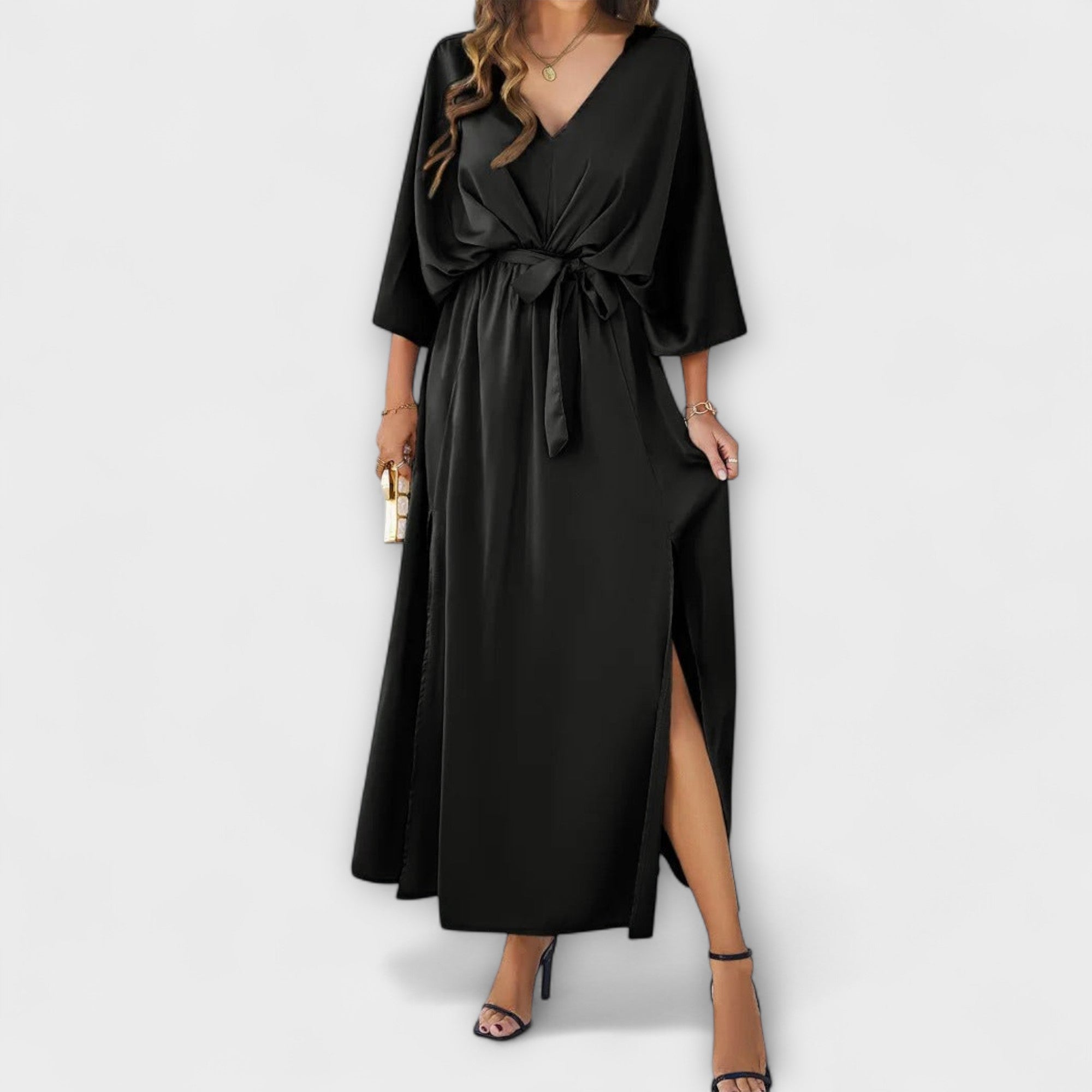 Sabrina Women’s Maxi Dress – V-Neck Belted Flowing Elegant Evening Party Fit