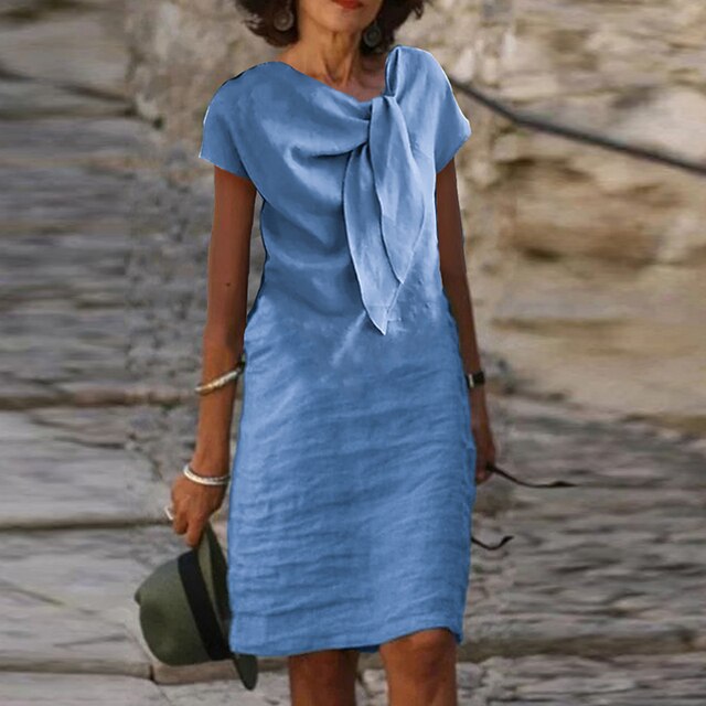 Emily Women’s Linen Midi Dress – 100% Linen Knot Waist Lightweight Summer Fit