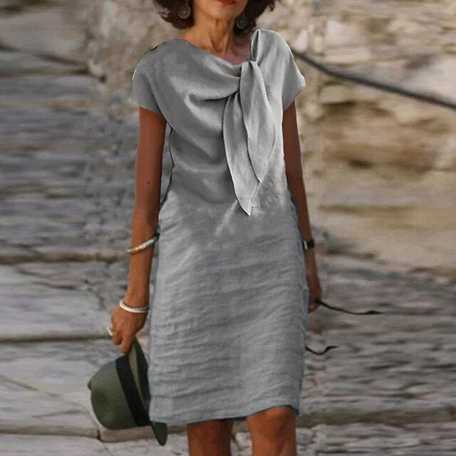 Emily Women’s Linen Midi Dress – 100% Linen Knot Waist Lightweight Summer Fit