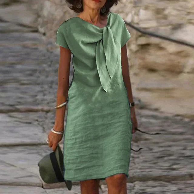 Emily Women’s Linen Midi Dress – 100% Linen Knot Waist Lightweight Summer Fit