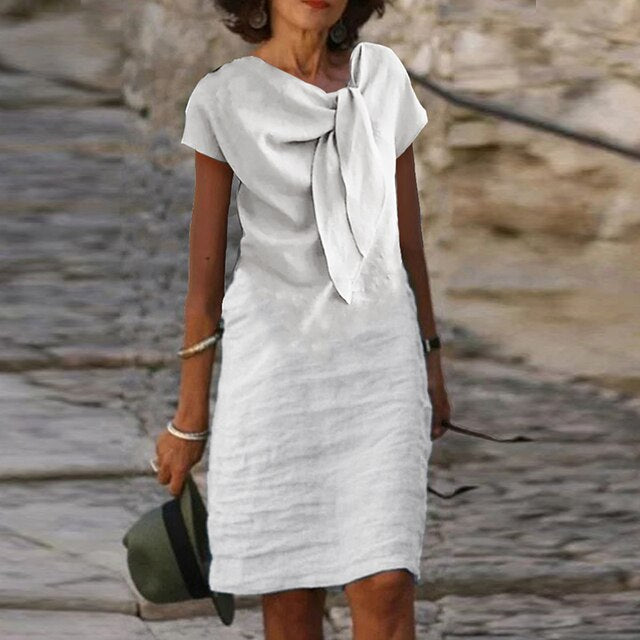Emily Women’s Linen Midi Dress – 100% Linen Knot Waist Lightweight Summer Fit