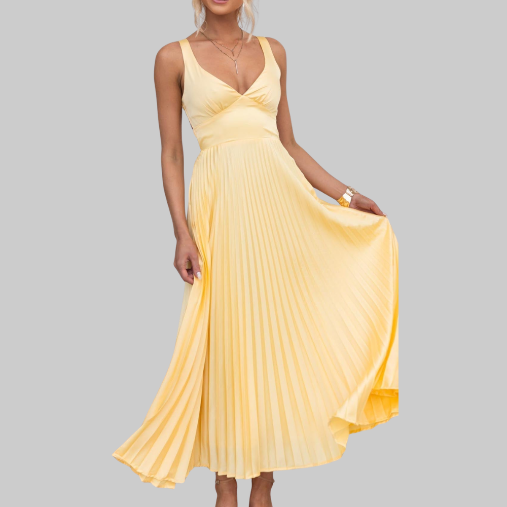 Solene Women’s Maxi Dress – Pleated V-Neck Lightweight Elegant Summer Fit