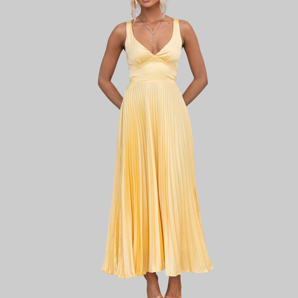 Solene Women’s Maxi Dress – Pleated V-Neck Lightweight Elegant Summer Fit
