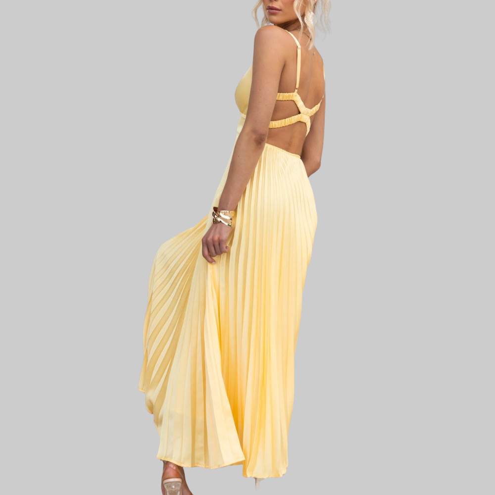 Solene Women’s Maxi Dress – Pleated V-Neck Lightweight Elegant Summer Fit