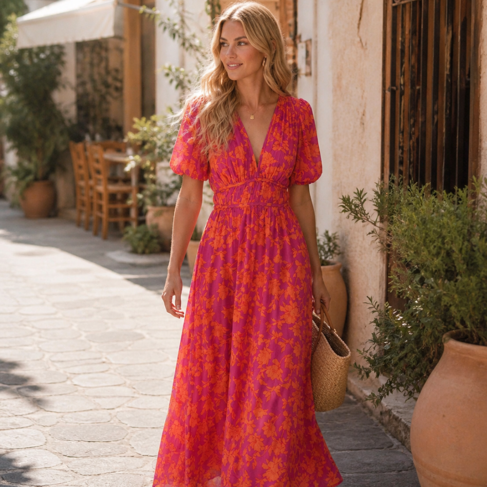 Nalia Women’s Maxi Dress – Floral V-Neck Elastic Waist Lightweight Summer Fit