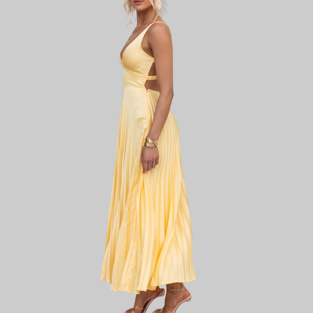 Solene Women’s Maxi Dress – Pleated V-Neck Lightweight Elegant Summer Fit