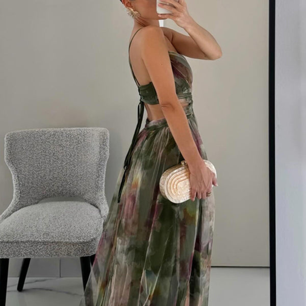 Avery Women’s Midi Dress – Vintage Print V-Neck Balloon Sleeve Elegant Fit