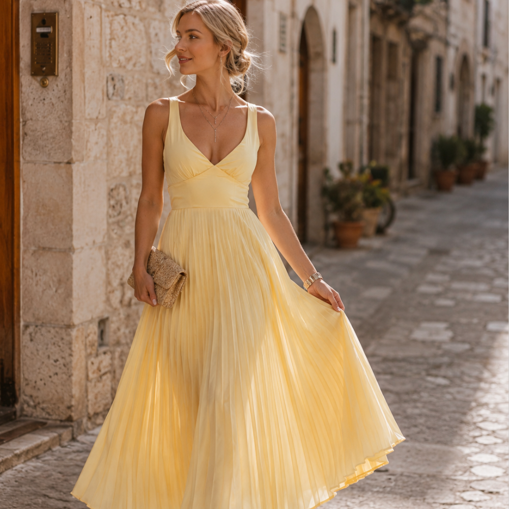 Solene Women’s Maxi Dress – Pleated V-Neck Lightweight Elegant Summer Fit