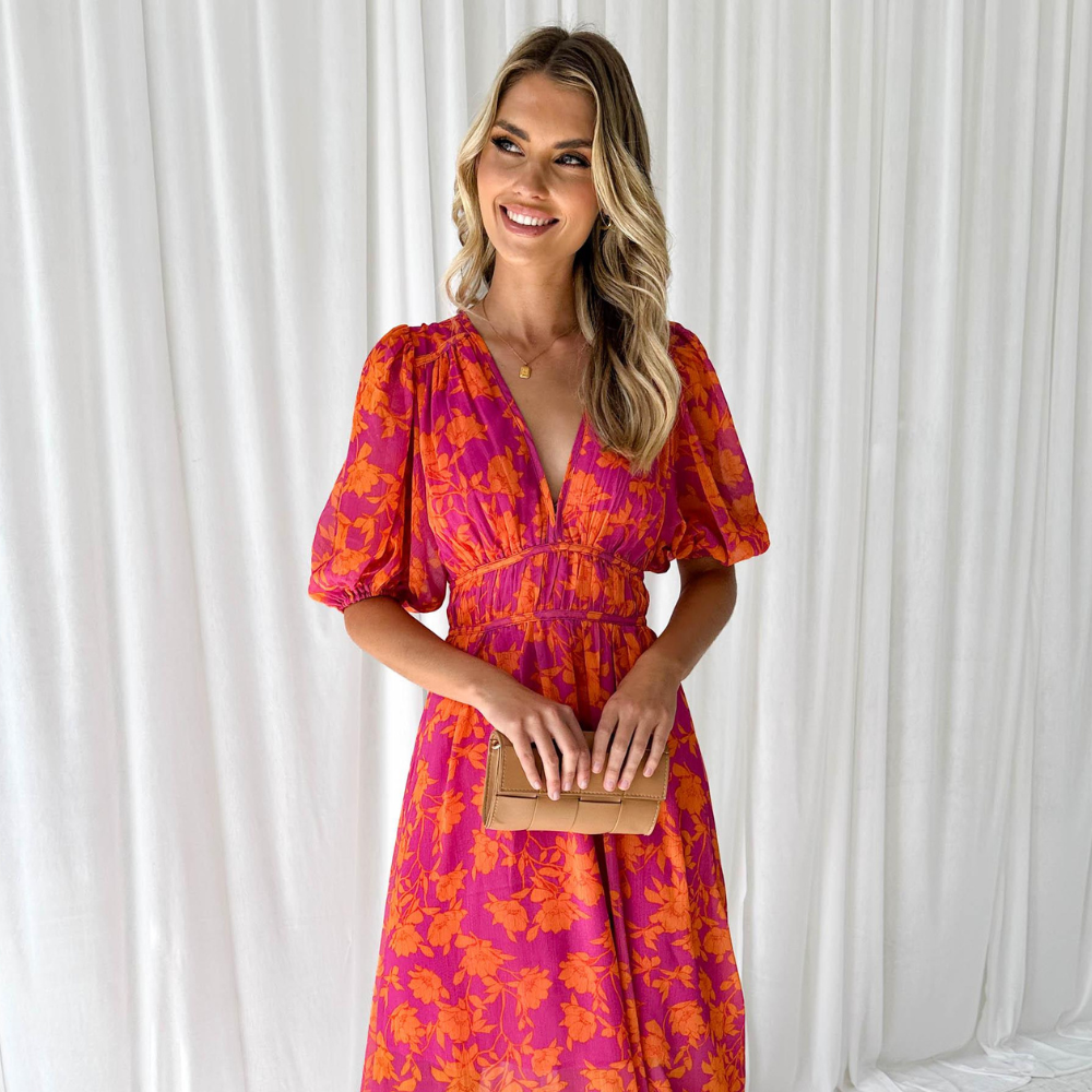 Nalia Women’s Maxi Dress – Floral V-Neck Elastic Waist Lightweight Summer Fit