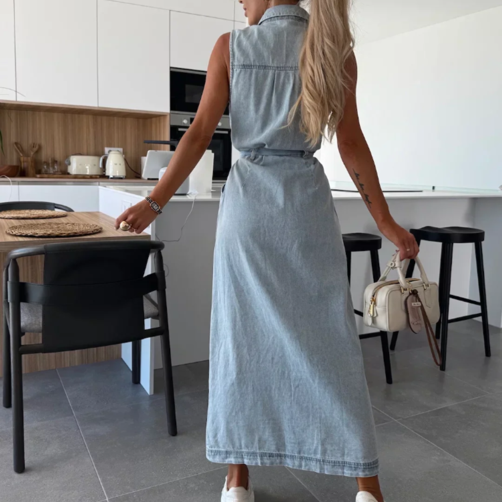 Isabelle Women’s Denim Dress – Sleeveless Button Down Midi Dress with Relaxed Fit