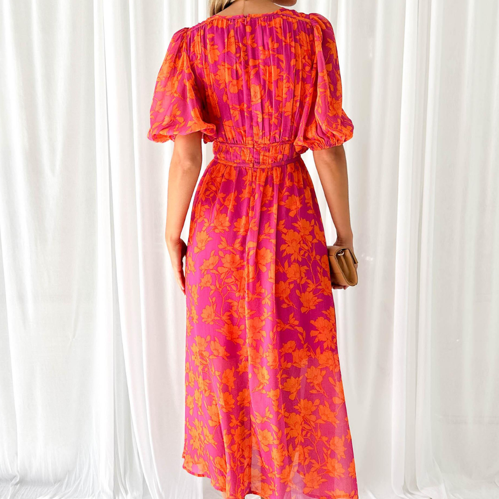 Nalia Women’s Maxi Dress – Floral V-Neck Elastic Waist Lightweight Summer Fit