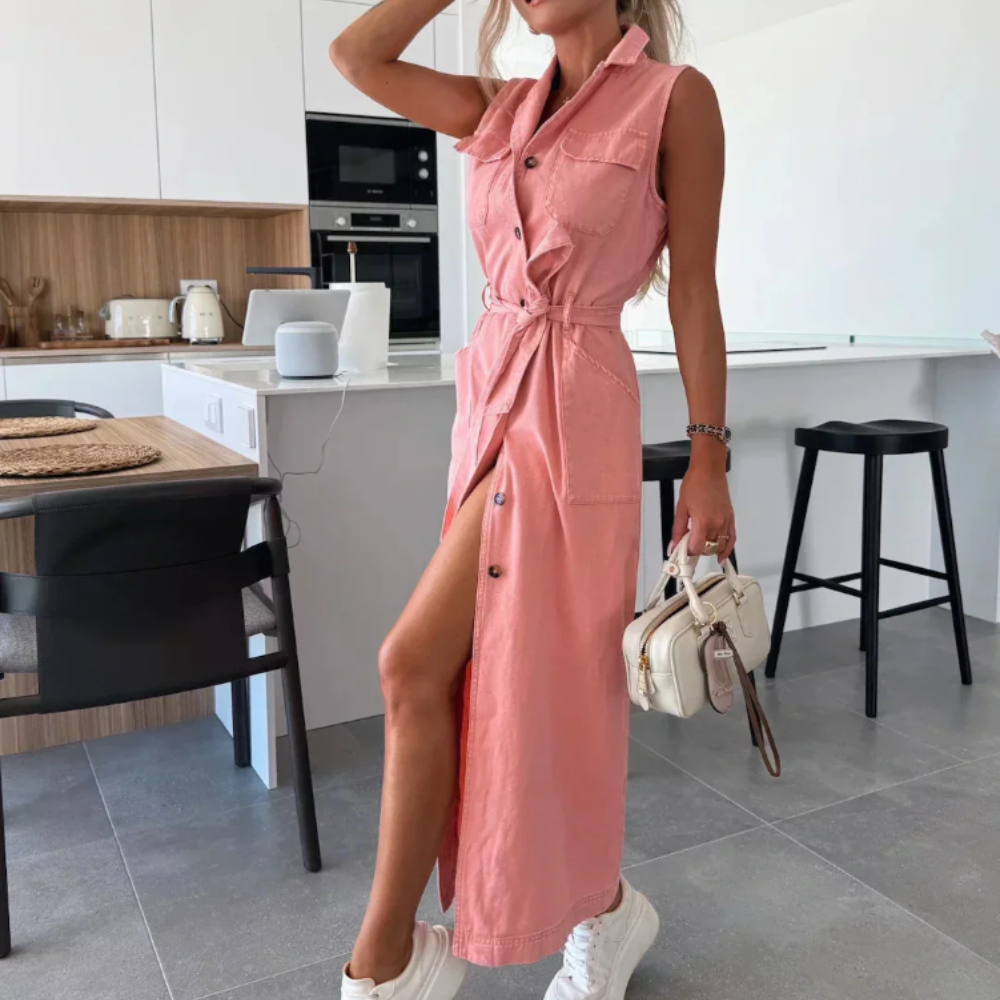 Isabelle Women’s Denim Dress – Sleeveless Button Down Midi Dress with Relaxed Fit