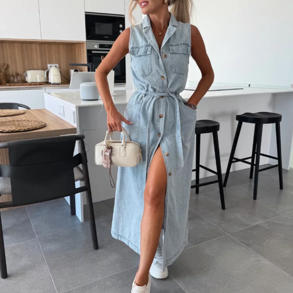 Isabelle Women’s Denim Dress – Sleeveless Button Down Midi Dress with Relaxed Fit