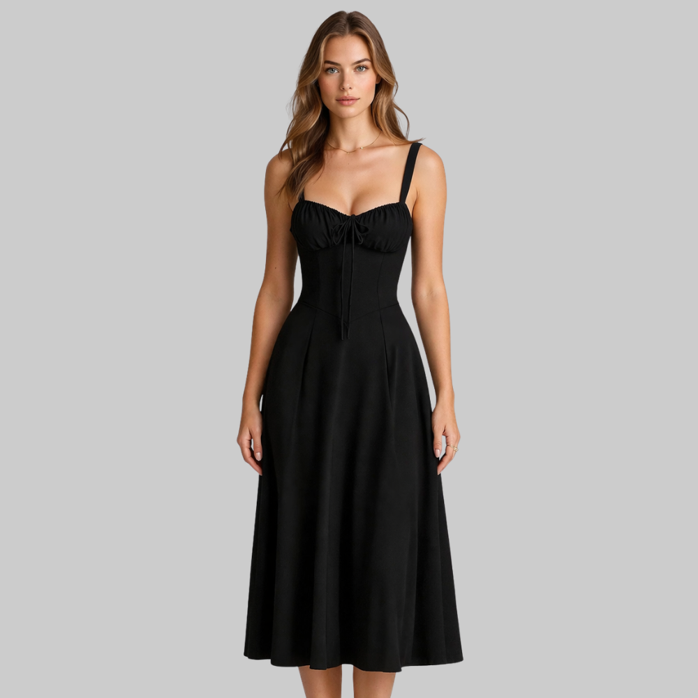Penny Women’s Midi Dress – Corset Style Fitted Top Flowy Skirt Elegant Fit
