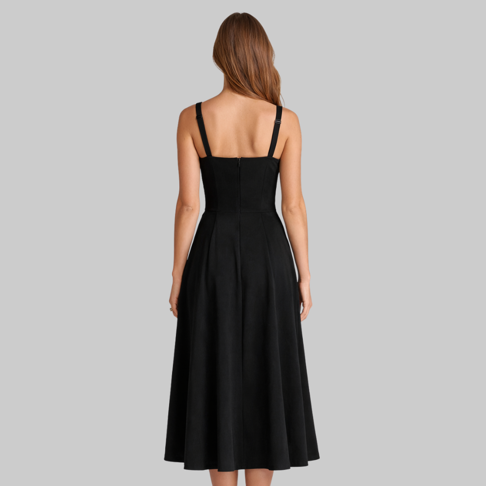 Penny Women’s Midi Dress – Corset Style Fitted Top Flowy Skirt Elegant Fit