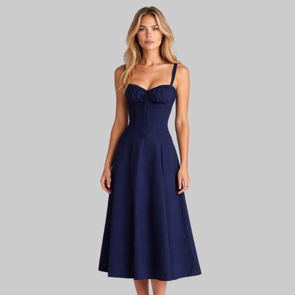 Penny Women’s Midi Dress – Corset Style Fitted Top Flowy Skirt Elegant Fit