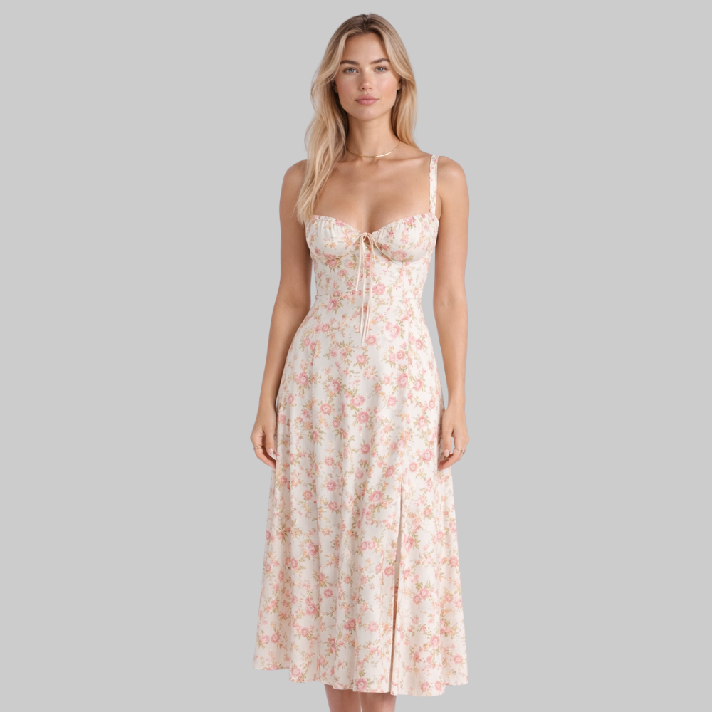 Penny Women’s Midi Dress – Corset Style Fitted Top Flowy Skirt Elegant Fit